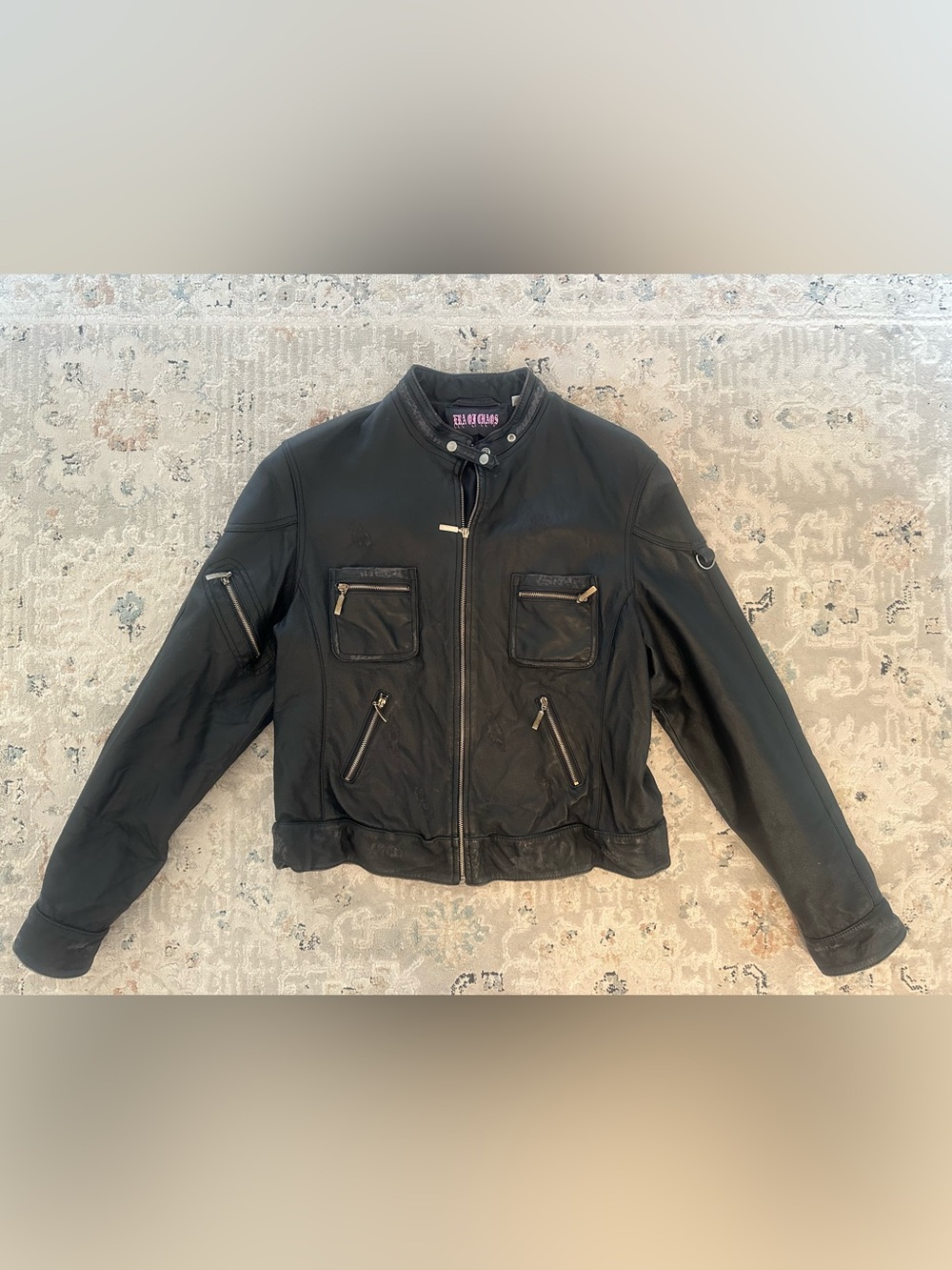 Era of Chaos Black Leather Zip-Front Distressed Moto Jacket size 12
